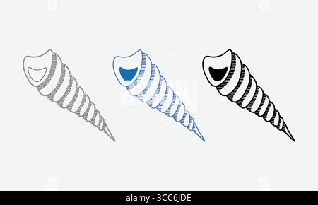 Stylized Turritella Sea Snail Shells: Outlines, Blue Fill, and Bold Black Designs Stock Vector