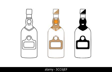 Whiskey Bottle Illustrations: Minimalist Vector Art with Outline, Color, and Bold Black Variations Stock Vector