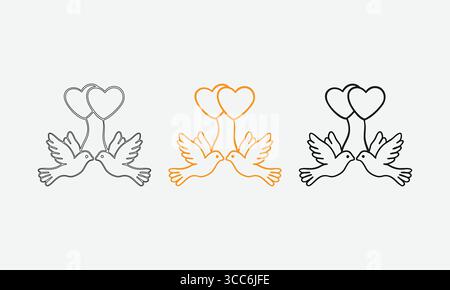 Doves with Heart-Shaped Balloons: Hand-Drawn Outlines, Orange, and Bold Black Designs Stock Vector