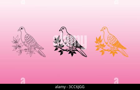Artistic Doves on Branches: Detailed Vector Illustrations with Outline, Bold Black, and Orange Styles Stock Vector