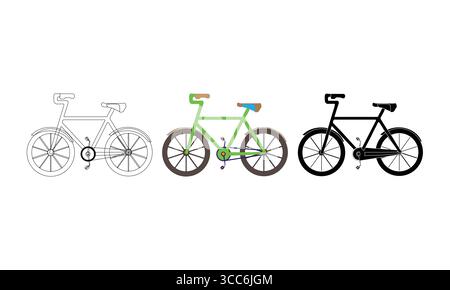 Bicycle Illustrations: Progression from Outline to a Fully Colored Design and a Solid Black Silhouette Stock Vector