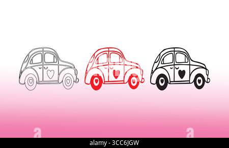 Cute Car with Heart Illustrations: Outline, Red Fill, and Bold Black Vector Designs for Love & Travel Stock Vector