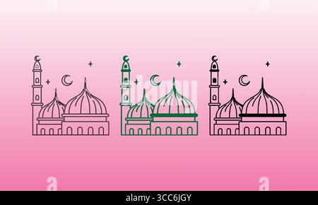 Stylized Mosque Illustrations with Domes and Minarets: Outline, Green, and Bold Black Designs Stock Vector