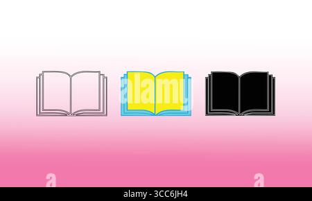 Open Book Illustrations: Outline, Vibrant Yellow and Blue Fill, and Solid Black Vector Designs Stock Vector
