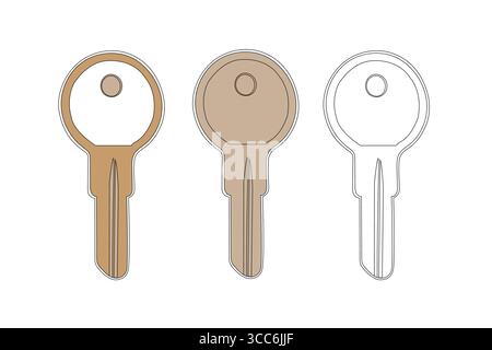 Vector Illustrations of Keys: Detailed Outline, Solid Color, and Two-Tone Designs Stock Vector