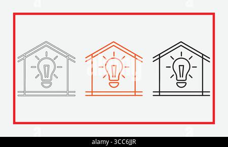 Home and Light Bulb Icons: Outline, Red, and Bold Black Designs for Smart Home and Energy Concepts Stock Vector