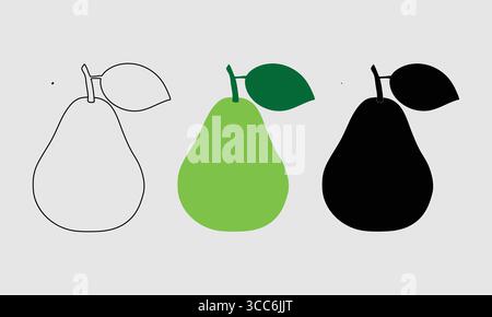 Stylized Pear Illustrations: Simple Outline, Green with Leaf, and Bold Black Silhouette Designs Stock Vector