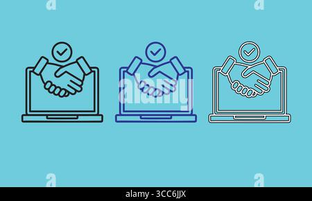 Online Business Deal Illustration: Handshake over a Laptop in Outline, Blue, and White Vector Designs Stock Vector