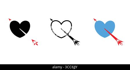 Heart Pierced by Cupid's Arrow: Outline, Bold Black, and Red Line Art Designs Stock Vector