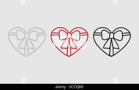 Heart and Bowknot Illustrations: Outline, Red, and Bold Black Designs for Love and Gifting Stock Vector
