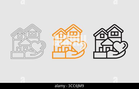 House and Hand with Heart Illustrations: Outlines, Orange, and Bold Black Designs Stock Vector