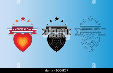 Memorial Day Heart Icon with Ribbon and Stars in Three Styles Stock Vector