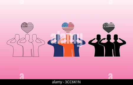 Group of Soldiers Saluting with a Patriotic Heart Icon Stock Vector