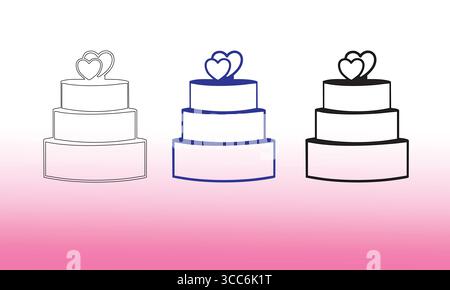 Minimalistic Outlines of Wedding Cakes with Heart Toppers Stock Vector