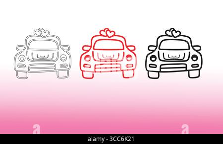 Outlined Heart-Adorned Cars Illustration on Gradient Background Stock Vector