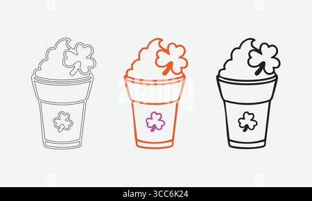 Outlined Ice Cream Cups with Clover Motif in Stylized and Simple Patterns Stock Vector