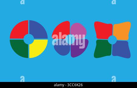 Three Colorful Four-Part Abstract Shapes with Different Petal and Segment Designs on a Bright Blue Background Stock Vector
