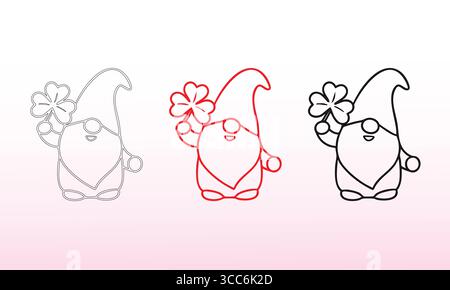 Outline Illustrations of a Cartoon Gnome Holding a Shamrock in Three Different Styles Stock Vector
