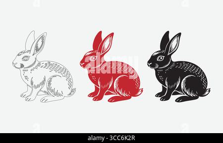 Detailed Rabbit Illustrations in Outline, Red, and Black Styles Stock Vector