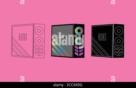 Set of Three Colorful Computer Tower Designs on a Vibrant Pink Background Stock Vector