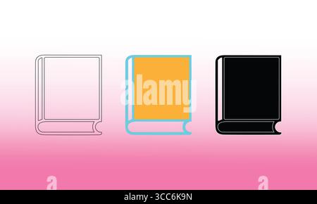 Simple Book Icons in Outline, Black, and Orange with Cyan Outline Styles on a Soft Pink Gradient Background Stock Vector