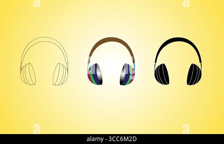 Headphone Illustrations with Outline, Colorful, and Silhouette Variations Stock Vector