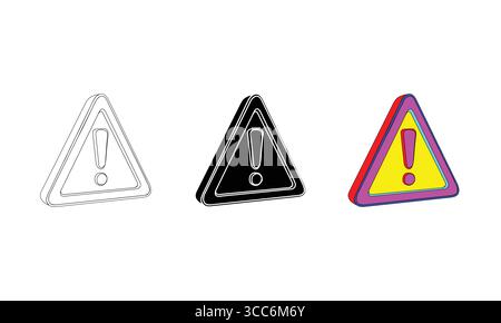 3D Warning Sign Illustrations with Exclamation Mark in Outline, Black, and Colorful Styles Stock Vector