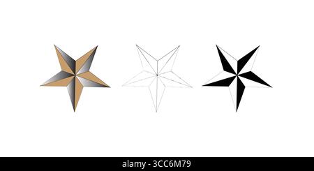 3D Stars with Outline and Filled Variations Stock Vector