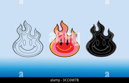 Vibrant Smiley Flame Icons in Gradient and Outline Styles Stock Vector