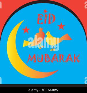 Eid Mubarak with Birds, Crescent Moon and Stars Stock Vector