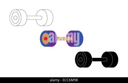 Three Simplistic Dumbbell Illustrations in Outline, Color, and Silhouette Stock Vector
