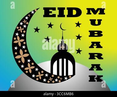 Eid Mubarak Greeting with Ornate Crescent Moon and Mosque Stock Vector