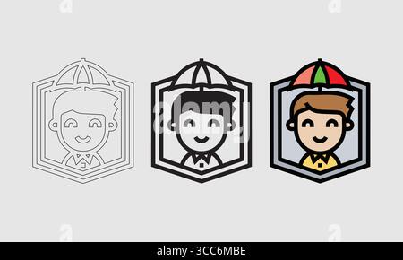 Vector Cartoon of Boy with Umbrella in Outline and Colored Versions Stock Vector