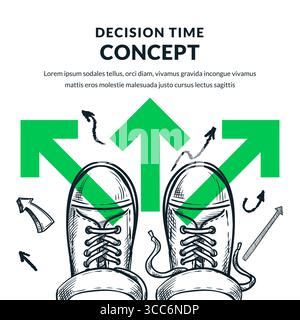 Feet in sneakers at crossroads with green arrows. Vector sketch collage illustration. Career, decision making, personal growth, education, future plan Stock Vector