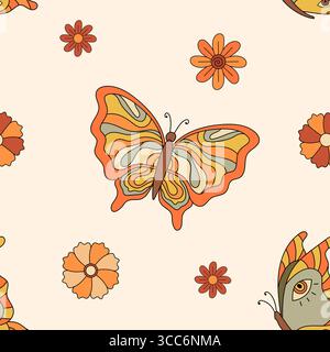 Retro groovy vibe seamless pattern with butterfly and flowers. Flat vector illustration. Hippie psychedelic background. Fabric, textile design Stock Vector