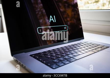 AI generate with prompt in laptop computer. Content, artificial text or search at home. Chatbot and digital virtual assistant model. Stock Photo