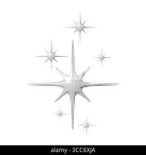 Vintage halftone star burst illustration with multiple sparkles in black and white. Comic-style dotted elements on isolated white background. Vector Stock Vector