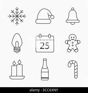 Minimalist outline icons featuring snowflake, Santa hat, bell, lights, calendar, gingerbread, candles, bottle and candy cane, vector illustration Stock Vector