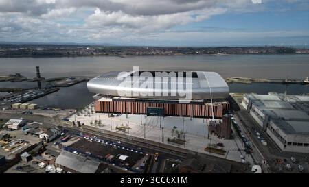 Aerial view / Drone shot of Sir Hill Dickinson Stadium, home of Everton FC on the waterfront of the River Mersey, Liverpool. Stock Photo