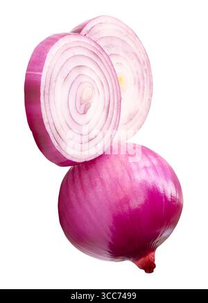 Single fresh unpeeled red or purple Spanish onion bulb with two onion slices in circles in stack is isolated on white background with clipping path. Stock Photo