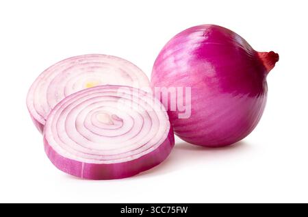 Single fresh unpeeled red or purple Spanish onion bulb with two onion slices in circles in stack is isolated on white background with clipping path. Stock Photo