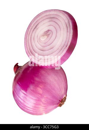 Single fresh peeled red or purple Spanish onion bulb with one onion slice in circle in stack is isolated on white background with clipping path. Stock Photo