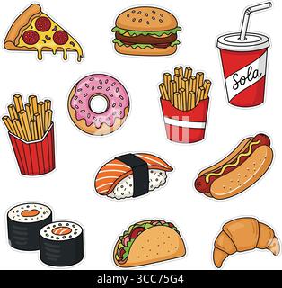 Popular Fast Food & Snacks – Colorful Vector Icons for Menu & Design Use Stock Vector