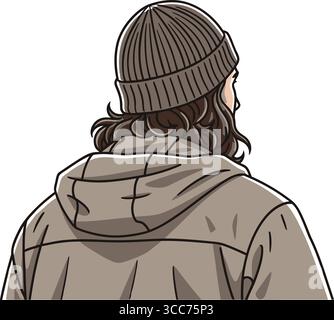 Stylish Winter Outfit – Cartoon Back View of Person in Hoodie and Beanie Stock Vector