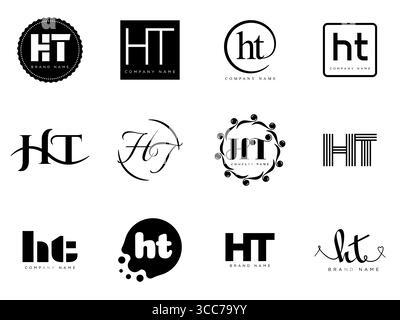 HT logo company template. Letter h and t logotype. Set different classic serif lettering and modern bold text with design elements. Initial font typog Stock Vector