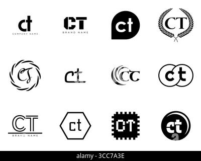 CT logo company template. Letter c and t logotype. Set different classic serif lettering and modern bold text with design elements. Initial font typog Stock Vector