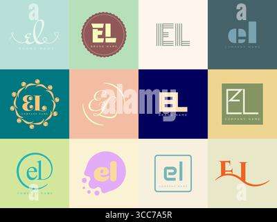 EL logo company template. Letter e and l logotype. Set different classic serif lettering and modern bold text with design elements. Initial font typog Stock Vector