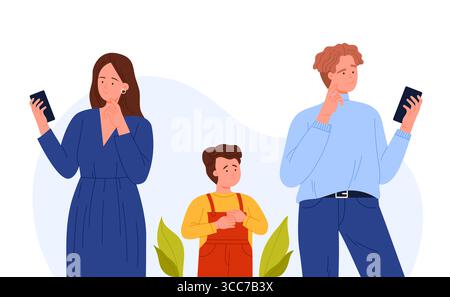 Parents absorbed in smartphones while child looks neglected, highlighting phone addiction and family dynamics on isolated white background vector illustration Stock Vector