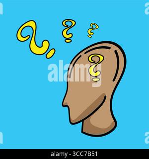 Question marks floating over thinking human head: curiosity and problem solving Stock Vector