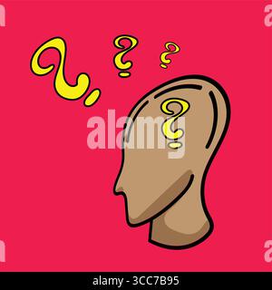 Question marks floating over thinking human head: curiosity and problem solving Stock Vector